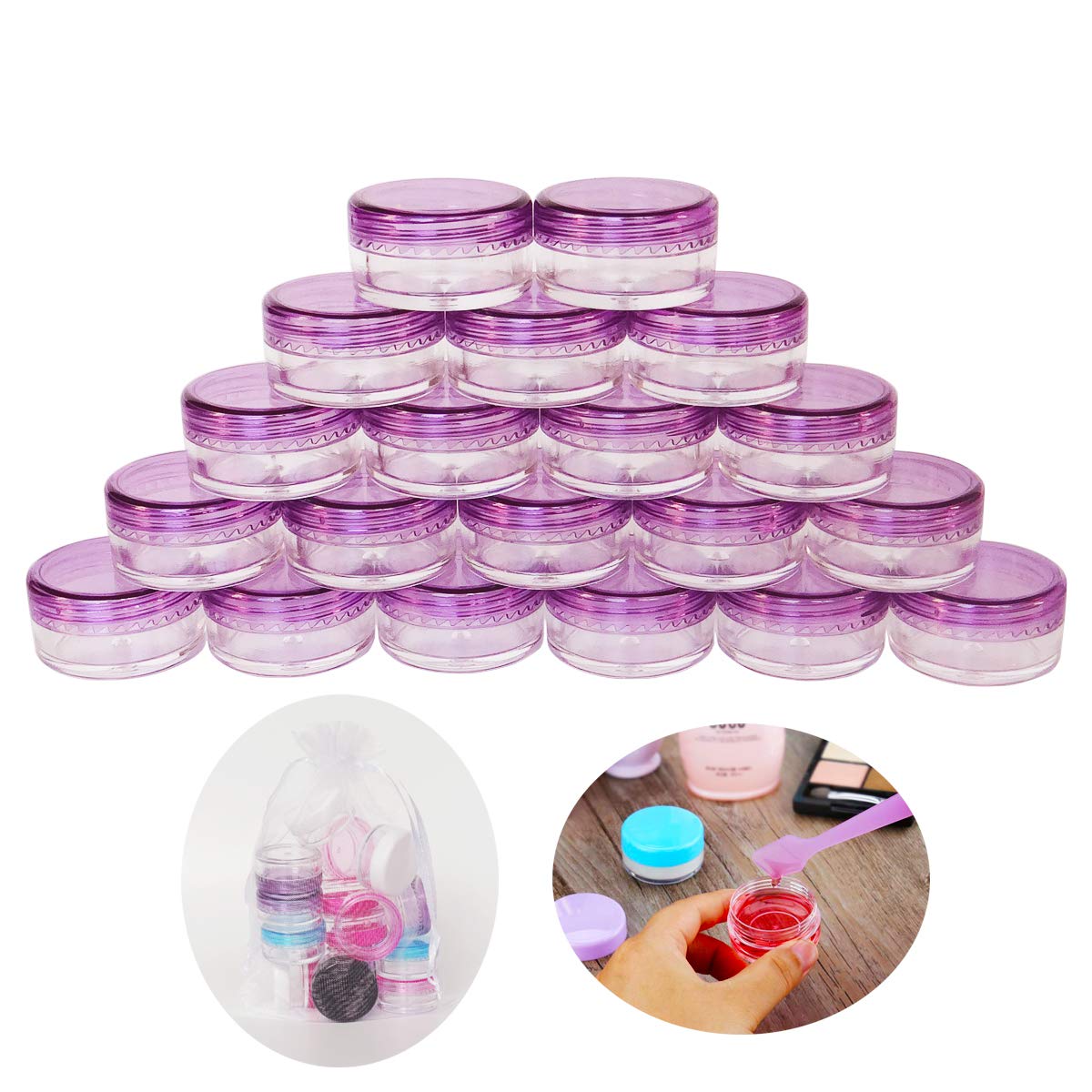 Wopanxye 20pcs, 5Gram 5ml BPA Free Small Jars, Cosmetic Sample Empty Plastic Container Pot with Purple Screw Cap Lid, for Makeup, Eye Shadow, Nails, Powder, Jewelry, Gems, Beads, Small Travel Size