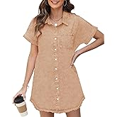 Yewfirm Denim Dress for Women Midi Jean Shirt Dresses Button Down Short Sleeve Summer Womens Jeans Babydoll Pockets