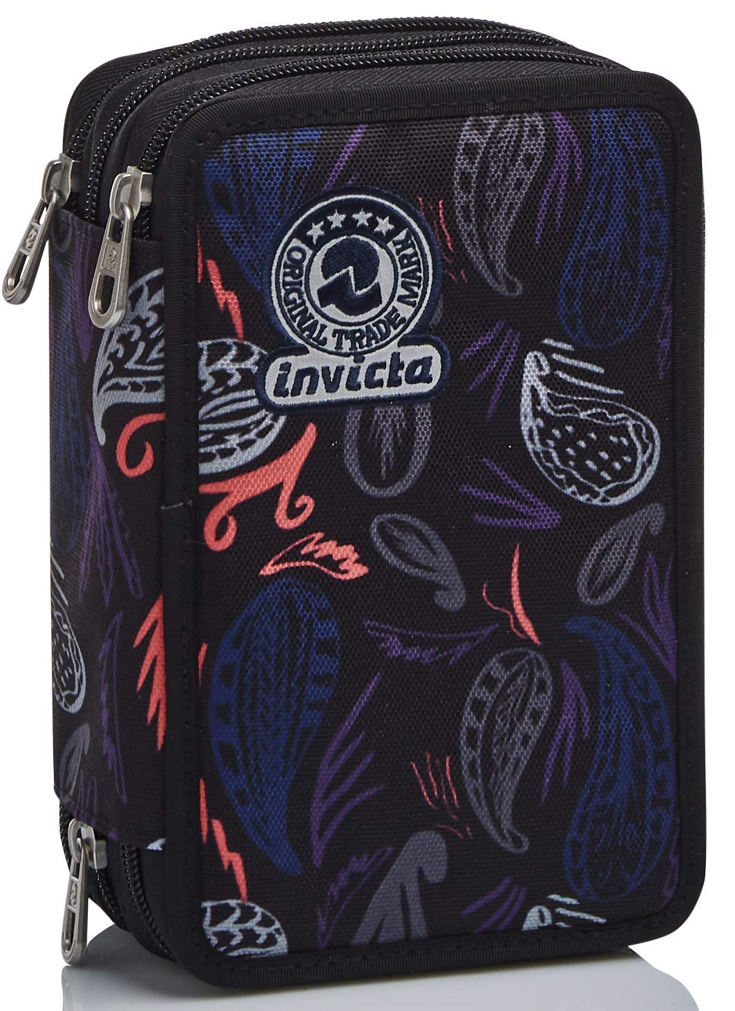 Invicta 3-Compartment Pencil Case, Complete with Pencils, Pens, Markers... Elementary School, Girls and Girls, Black (Paisley Black)
