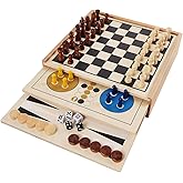 Juegoal 7-in-1 Wooden Board Game Set for Kids Adults, Tabletop Combo Classic Travel Portable Board Games (Chess, Checkers, Chinese Checkers, Backgammon, Parcheesi, Snakes and Ladders, Tic Tac Toe)
