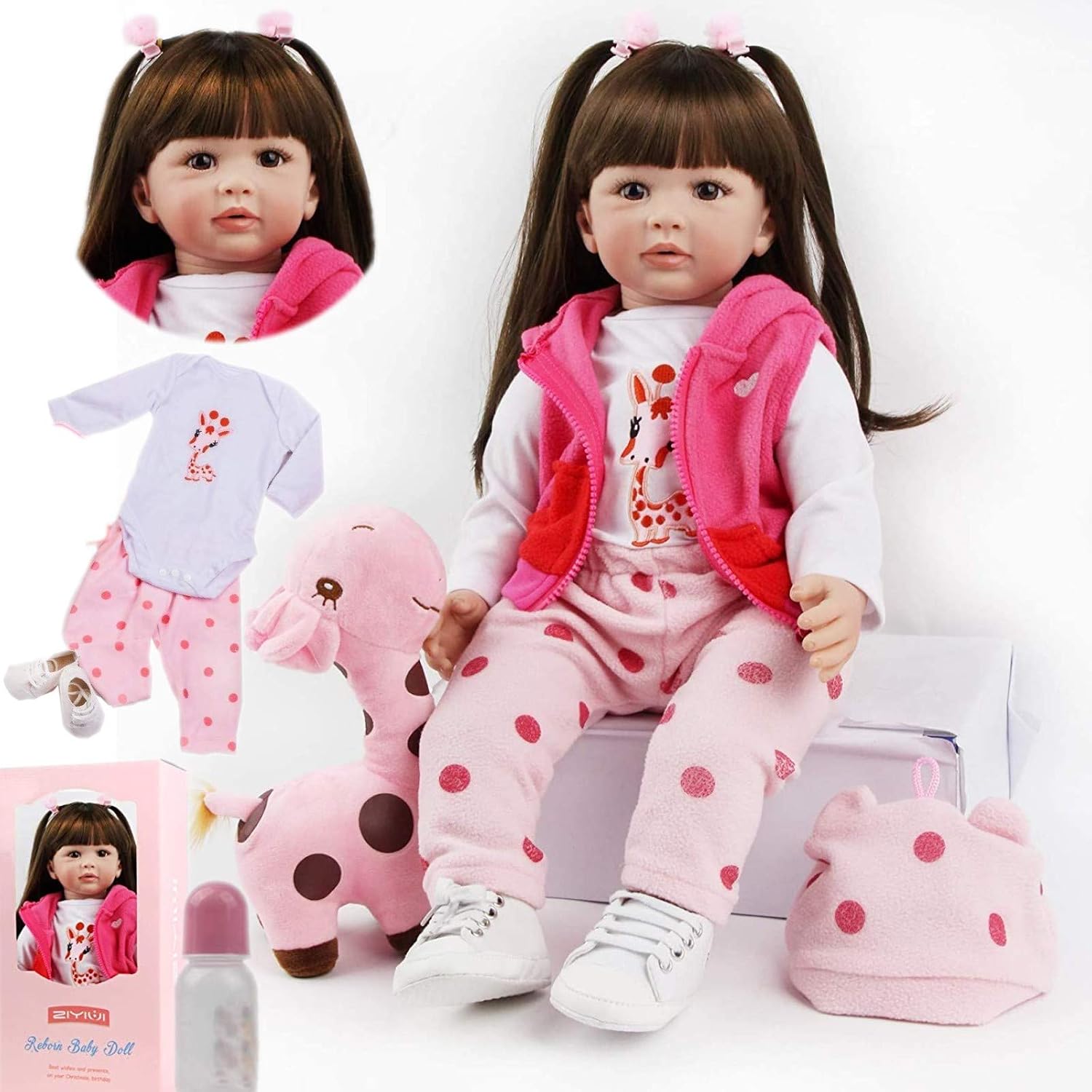 ZIYIUI 24 inches 60 cm Reborn Baby Dolls Soft Silicone Vinyl Realistic Reborn Dolls Girl Lifelike Reborn Dolls Handmade Newborn Reborn Toddler Dolls Black long hair Asian girl Xmas Gifts(24 inches)