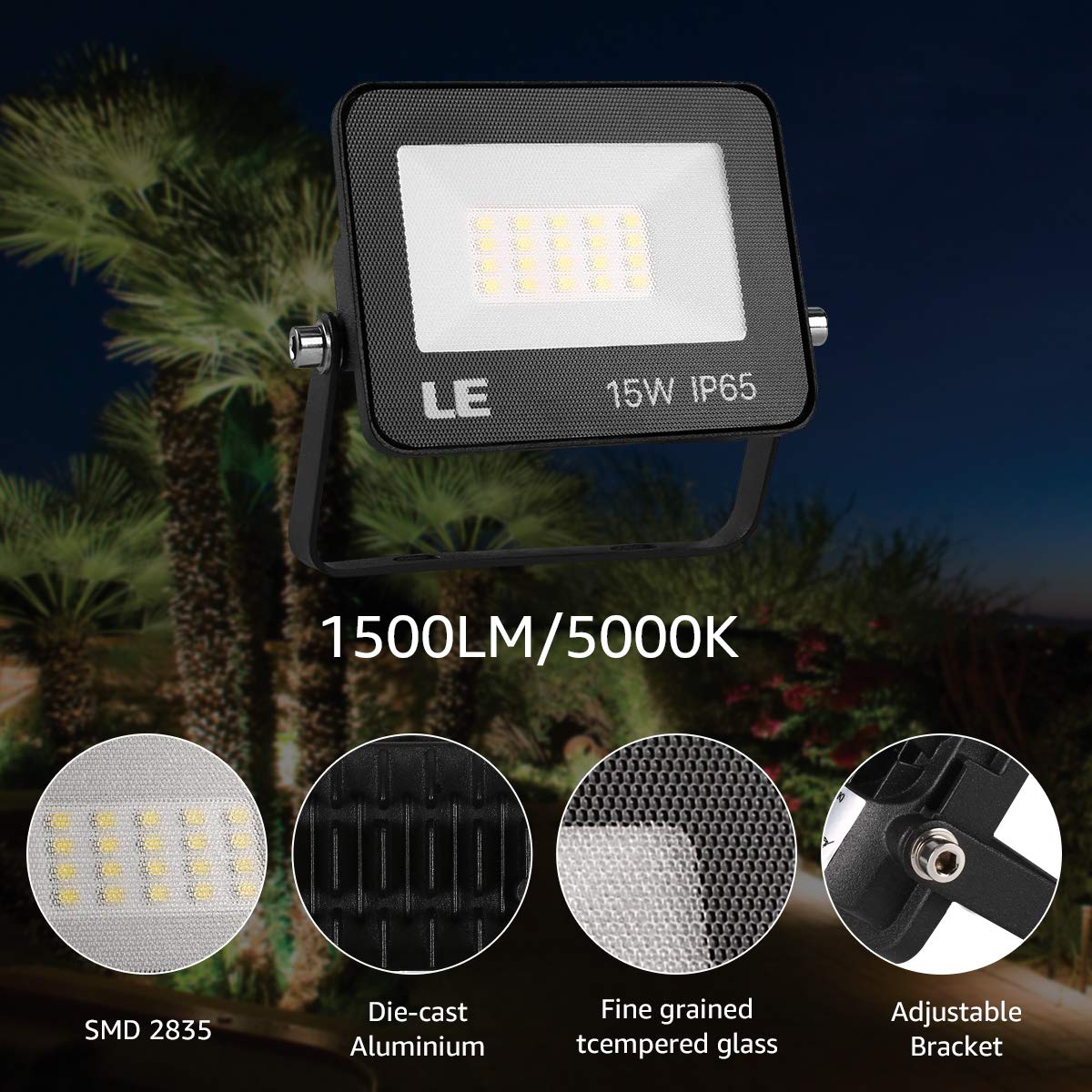 LE Projecteur LED Ultra Mince 15W 1500LM Blanc Froid 5000K Spot LED Extérieur IP65 Etanche Verre Trempé à Grain Fin, Lampe LED Extérieur pour Jardin, Cour, Garage, Entrée