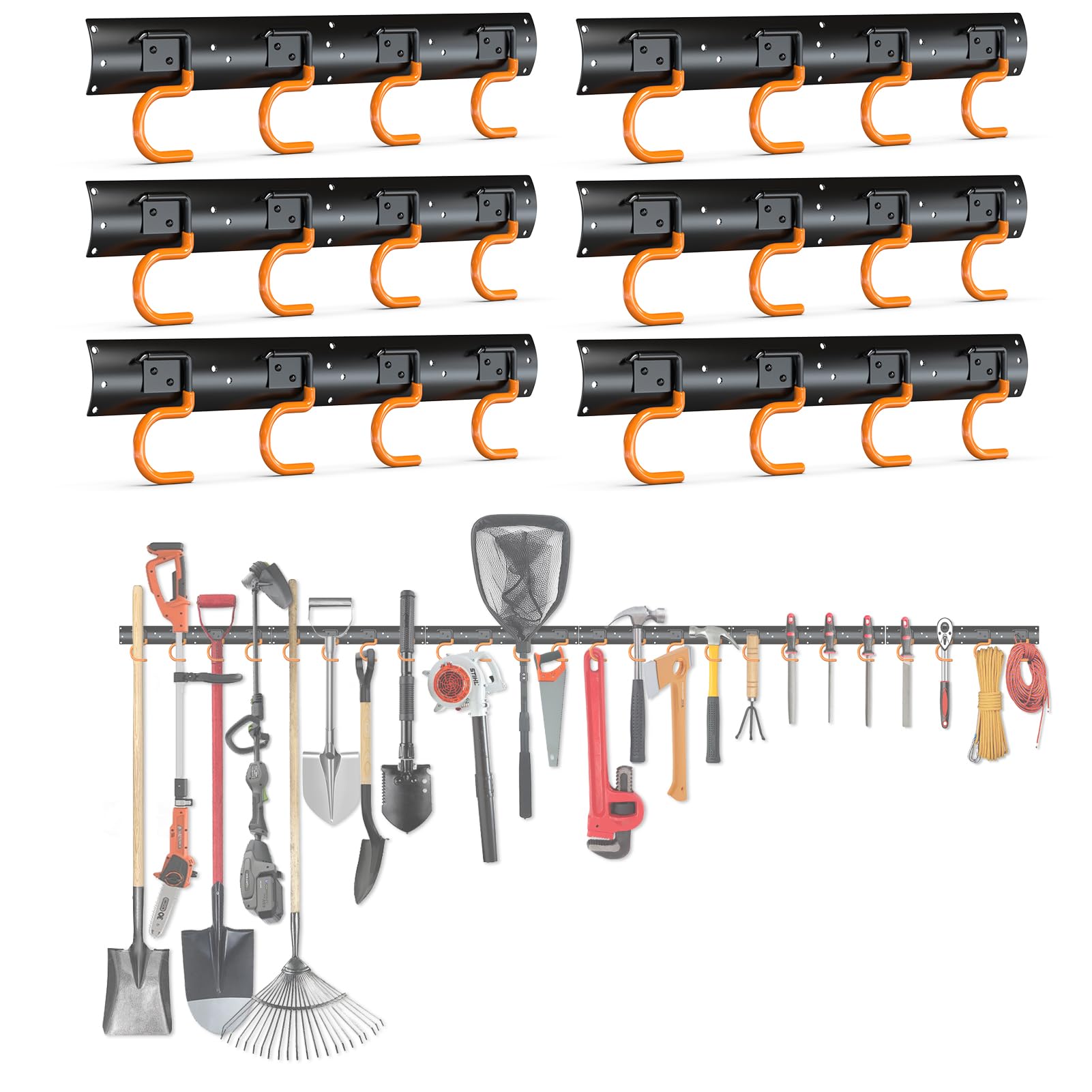 3-H Garden Tool Organizer 102 INCH All Metal,Tool Organizer 6 Racks,Broom Holder Wall Mount for Warehouse, Basement, Workshop Organizing and hanging Rake,Mop,Shovel,Hose