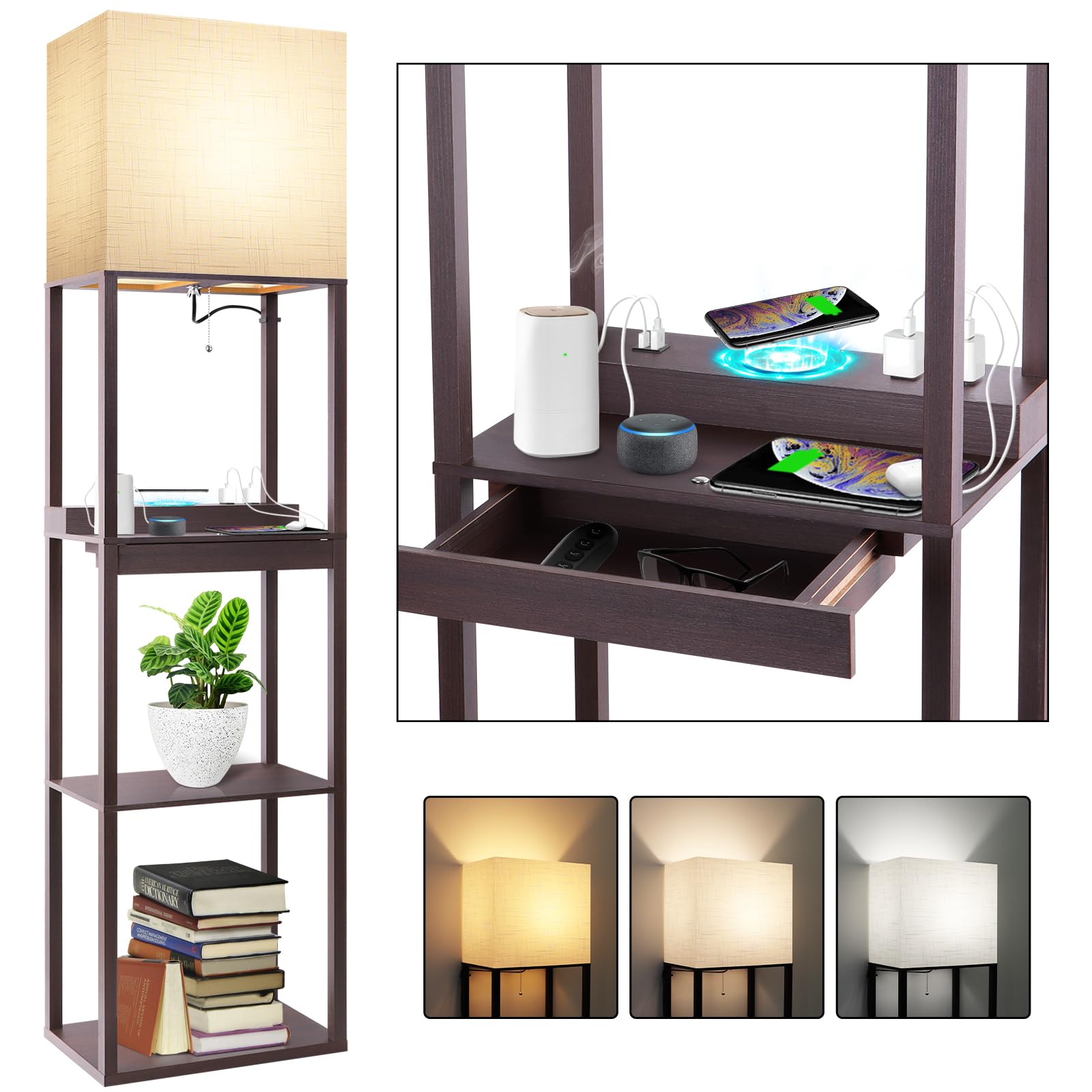Photo 1 of RUNTOP Floor Lamp with Shelves, Modern Standing Lamp with Wireless Charger, 1 Drawer and 2 USB Ports & 2 Power Outlet, 15W LED Bulb 3 Colors, Memory Function, Shelf Lamp for Living Room and Bedroom