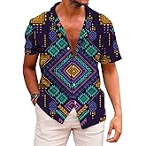 KYKU African Shirts for Men Dashiki 70s Outfits Print Button Down Shirt Men Short Sleeve Clothing