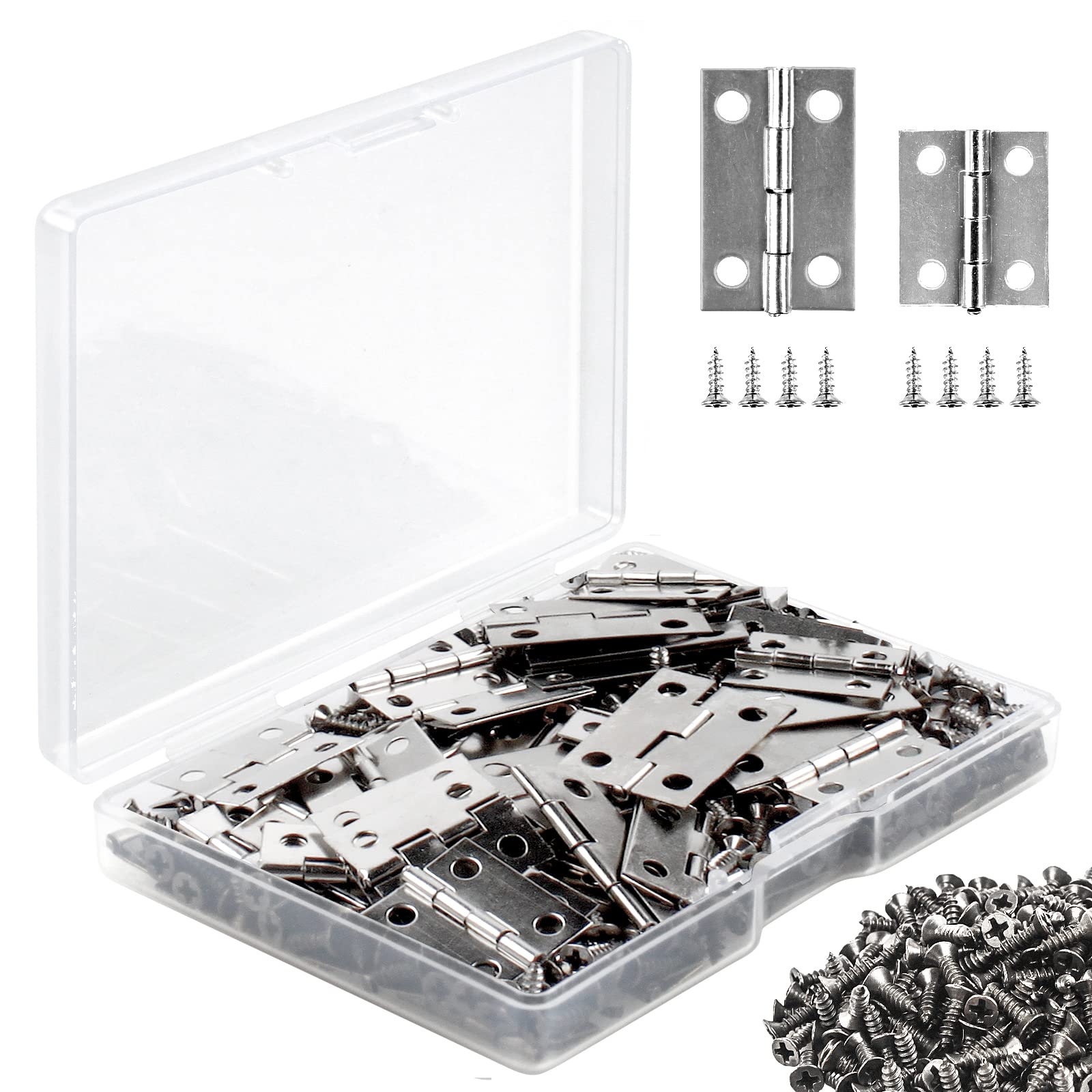 CVIUYO 60 Pcs Small Silver Mini Hinges for Jewelry Box, Wooden Crafts, Cabinet Door, Box with 260 Pcs 0.7 Inch Replacement Screws