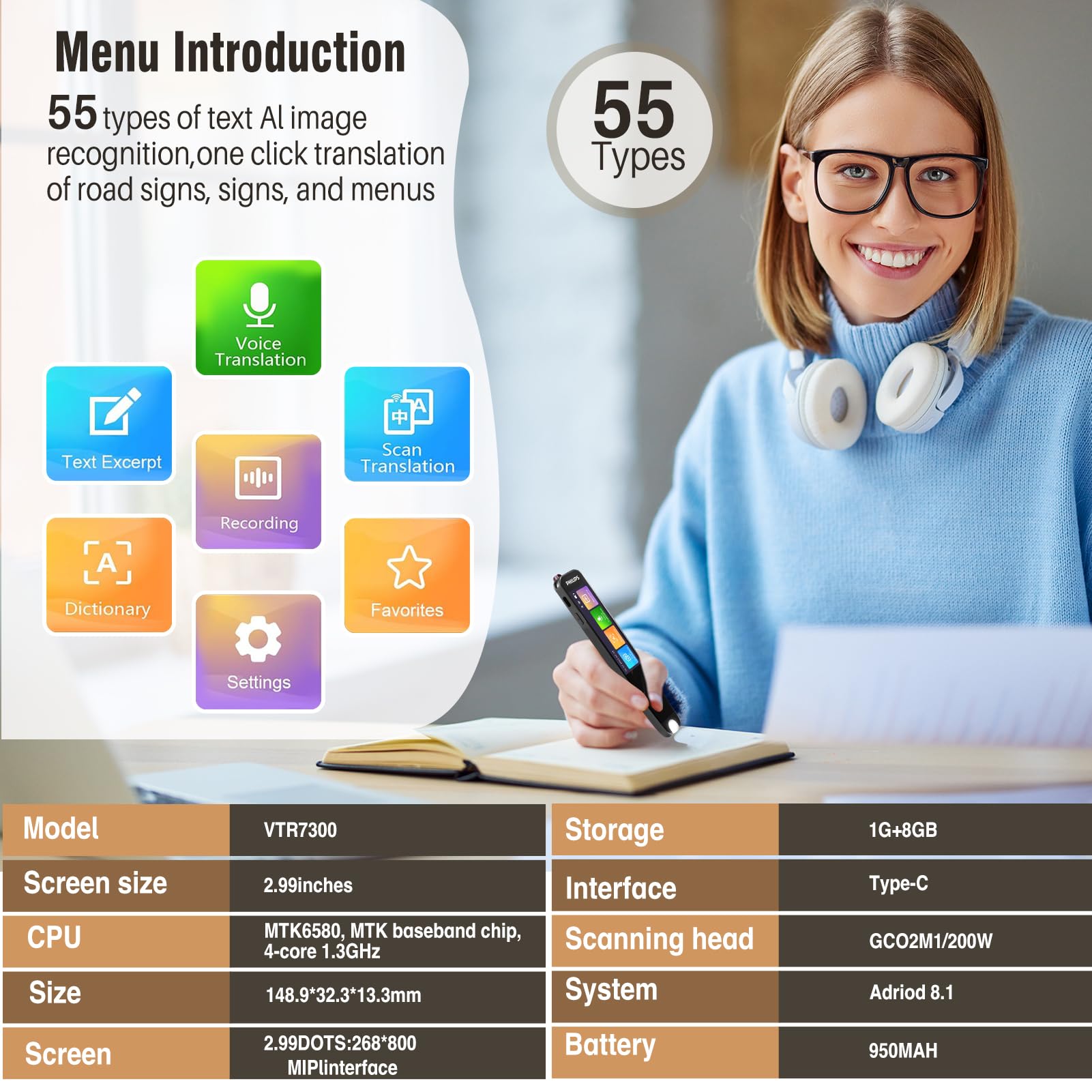Translation Pen, Scan Reader Pen OCR Digital Pen Reader, Translator Pen Text to Speech Device, Reading Pen for Dyslexia, Wireless Translation Pen Scanner for Business Students Adults