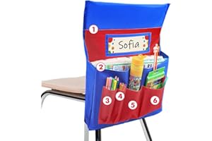 AUVCAS Chair Back Pocket School Seat Chair Storage Pocket Organizer with Label Slot Multiple Pockets for School Home Classroom Preschool Daycare (Red+Blue)
