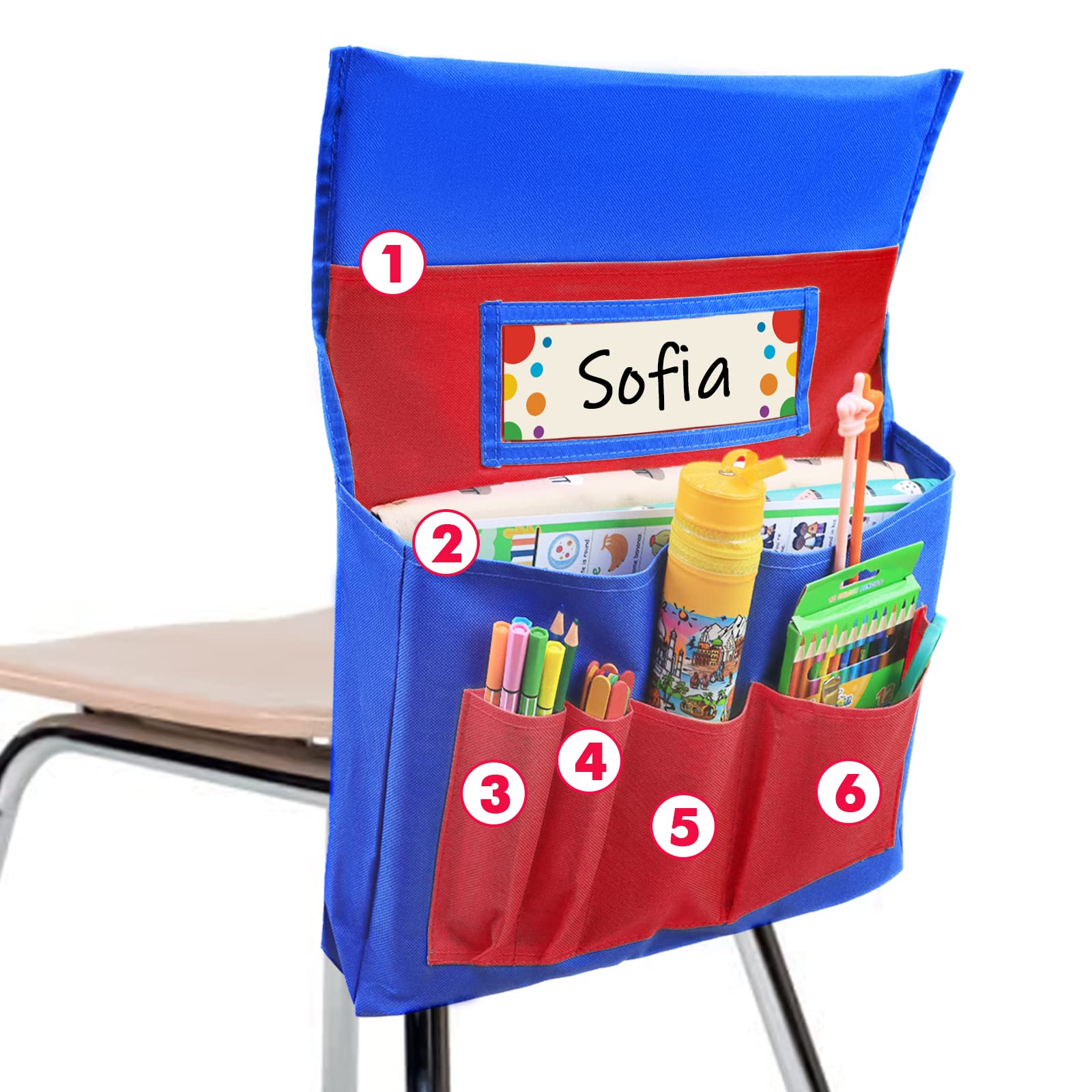 Photo 1 of AUVCAS School Seat Chair with Storage Pocket Organizer, Label Slot, Multiple Pockets for School, Home, Classroom, Preschool, Daycare (Red+Blue)