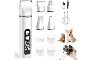 Aenncci 4 in 1 Dog Clippers Grooming Kit with LED Screen, Cordless Quiet Paw Trimmer & Nail Grinder, Rechargeable Waterproof Feet Ear Body Hair Shaver for Cats Dogs Pet Supplies, Pure White