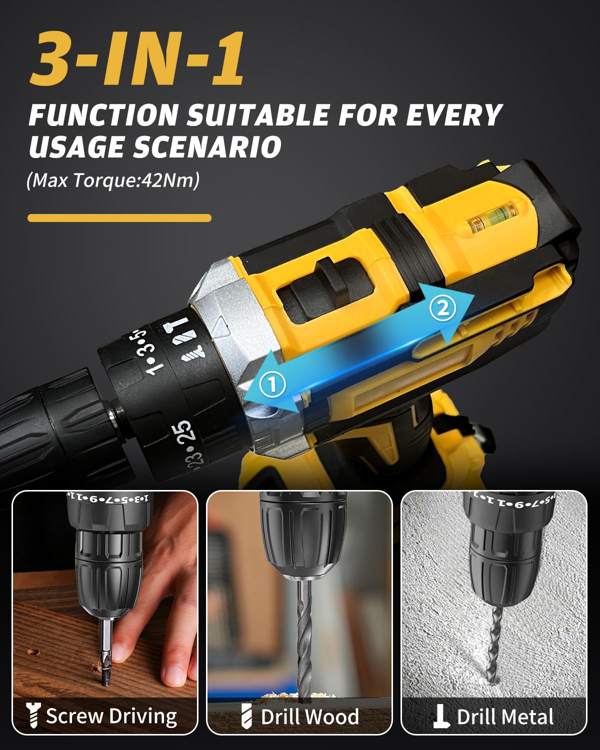 KALAHOL Cordless Drill Set 21V, 99PCS Electric Screwdriver Set with 2 Batteries 2000mAh, 25+3 Torque Cordless Hammer Drill, 42N.m Max, 2 Speed, LED Work Light for Home and Garden DIY Project