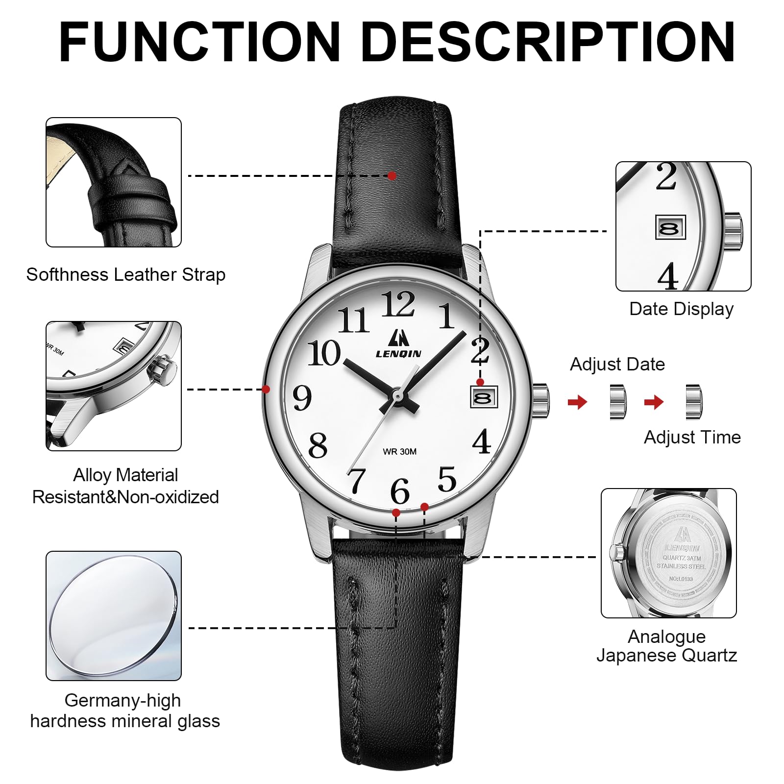 LN LENQIN Women's Watch with Large Numerals Analogue Quartz Watch for Women with Leather Strap