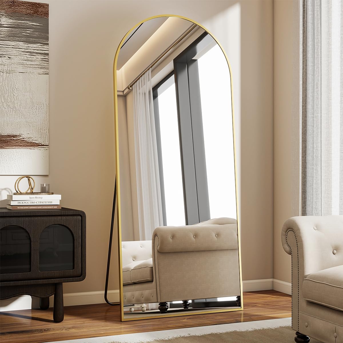 Photo 1 of VooBang Arch Mirror Full Length, 26" x 71" Floor Mirror with Stand, Aluminum Alloy Frame Full Body Mirror, Standing Hanging or Leaning Against Wall for Bedroom and Living Room, Gold