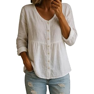 Linen Shirts for Women Button Front Loose Long Sleeve Lightweight Gauze Tunic Tops V Neck Casual Beach Clothes