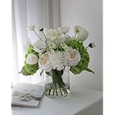 Chasmile Artificial Flower Arrangement in Glass Vase with Realistic Fixed Water – Lifelike Roses, Hydrangeas, Tulips & Carnat