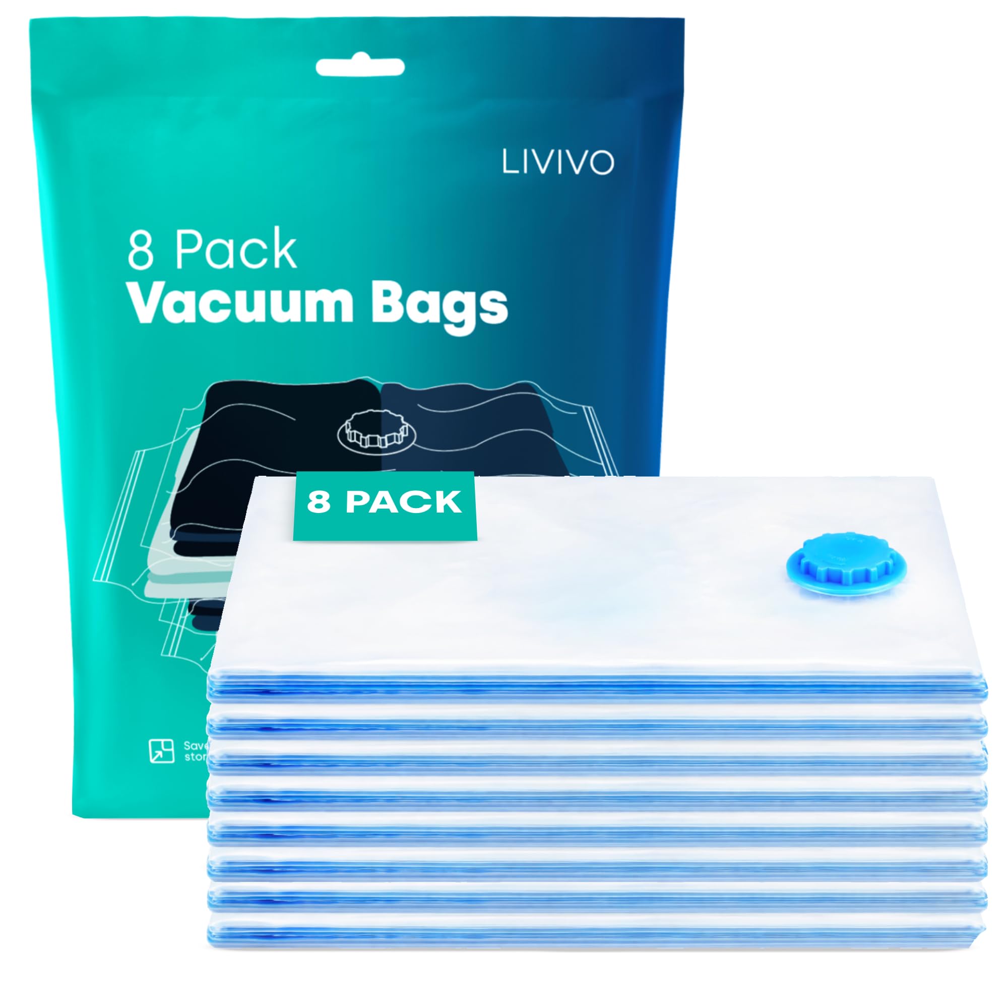 LIVIVO 8 Pack Vacuum Storage Bags - Medium Vacuum Bags for Travel Storage - Vacuum Pack Bags for Clothes, Storage, Travel, Bedding, Duvets & Pillows – Airtight, Waterproof Compression Pouches (Blue)