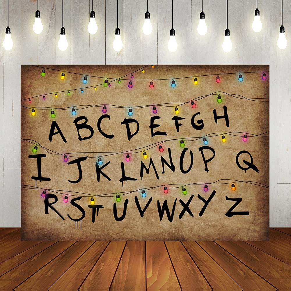 Photo 1 of Lofaris Stranger Backdrops for Photography Rustic Alphabet Colorful Lights Background Kids Birthday Party Decorations Supplies Cake Table Banner Photo Booth Props Cake Table Banner