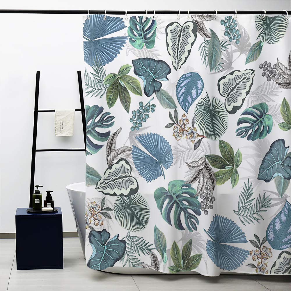Obal Tree Leaves Shower Curtain, Blue Grey Green Foliage White Background Bath Curtains Water Resistant Mould Free Polyester Fabric Heavy Weight Home Decor With Curtain Hooks Washable, 180H * 180L — image 1