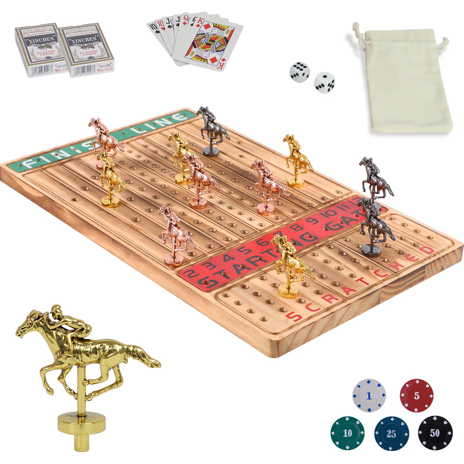 Photo 1 of HOROW Horse Racing Board Game Solid Wood Horse Race Card and Dice Board Game Luxury Edition Set with 11 Metal Horses,100 Poker Chips,2 Dices and 2 Boxes of Cards…