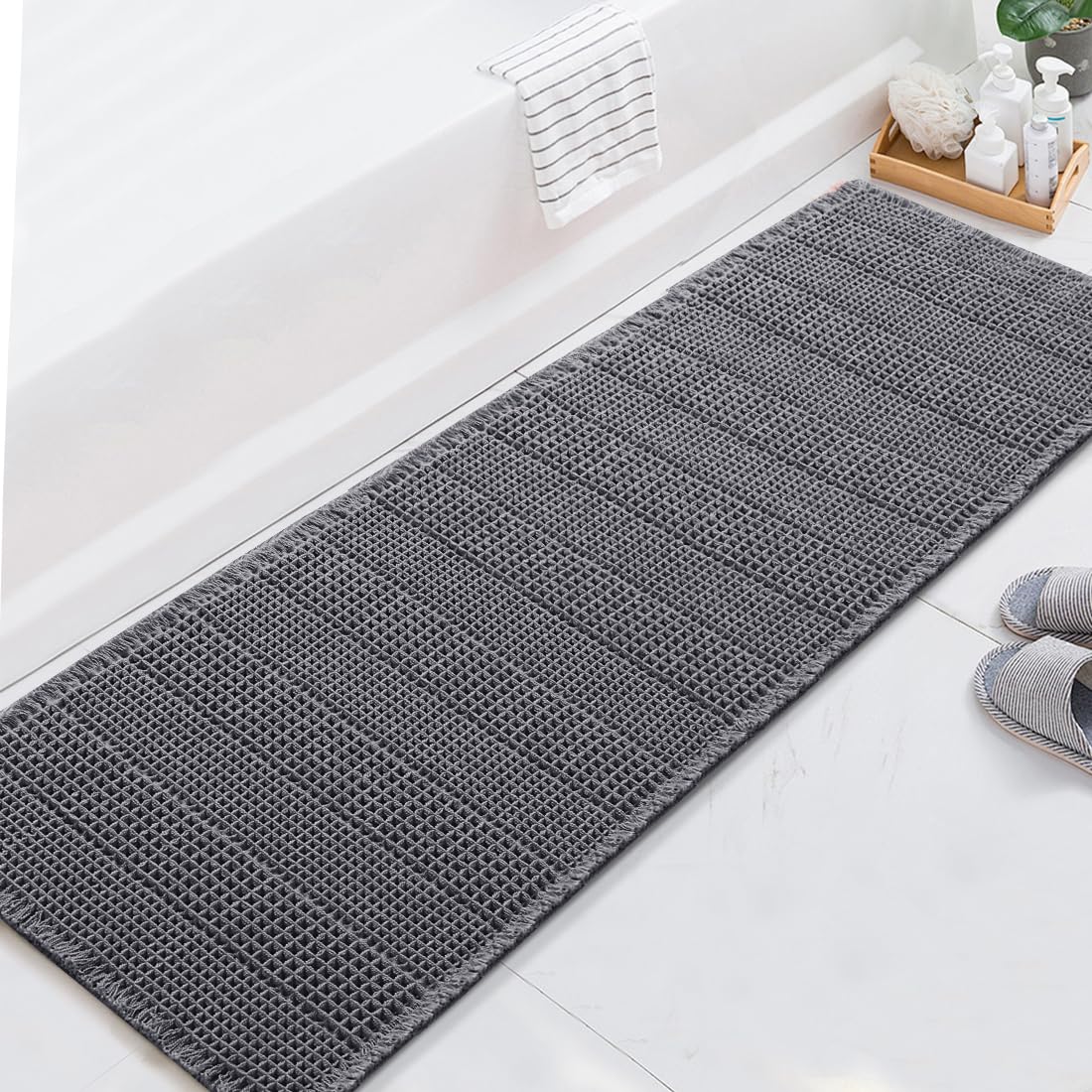 Photo 1 of H.VERSAILTEX Upgraded Waffle Runner Rug Super Absorbent Bathroom Mats Non Slip Bath Rugs for Bathroom Floor Machine Washable Dry Fast Bathroom Rugs for Beside Tub, 24" x 72", Grey