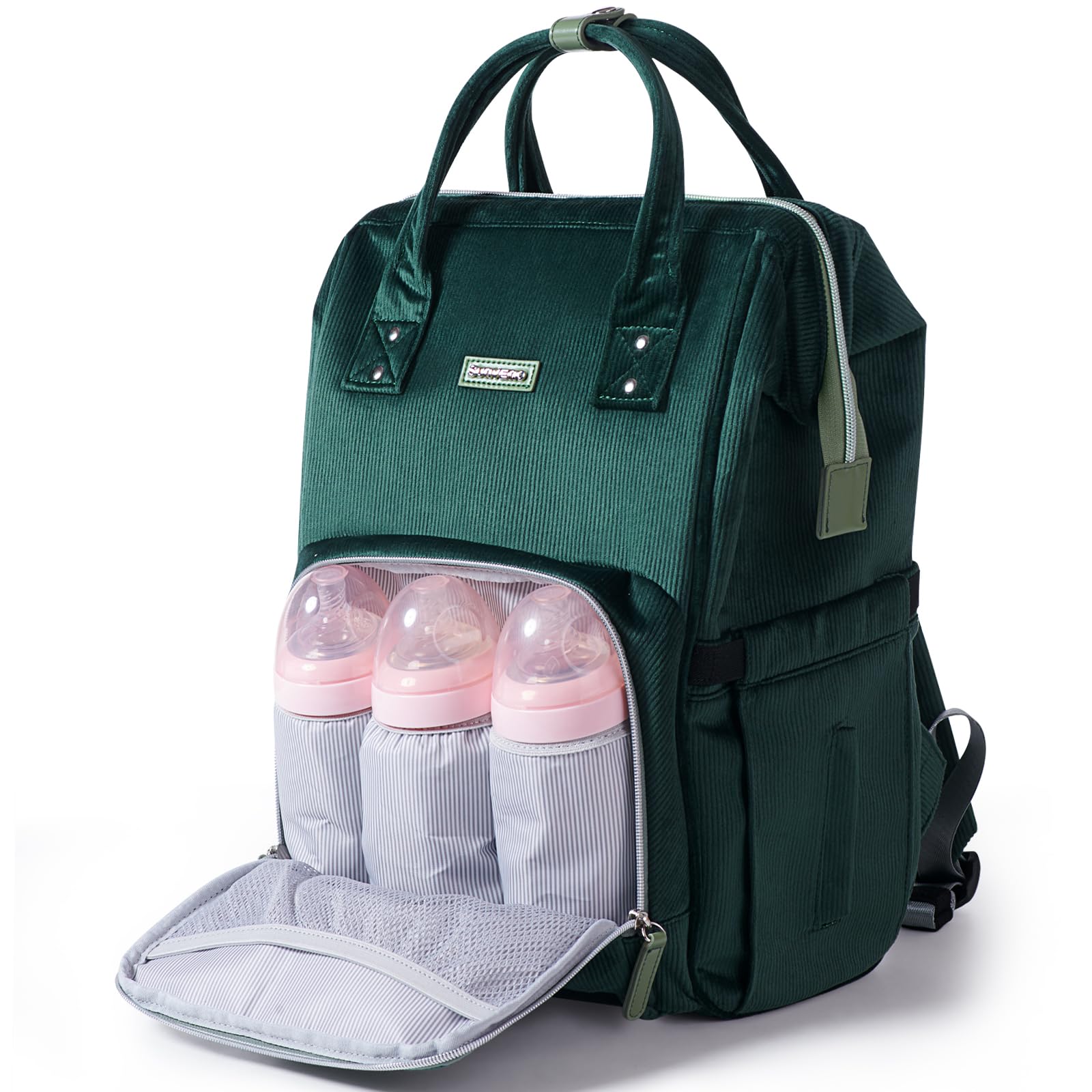 SUNVENO Diaper Bag Backpack, Large Capacity Baby-Bag with Changing Pad & Stroller Clips Velvet Stitching Diaper-Backpack Travel Tote Nappy Bag Organizer for Baby Care with USB Charging Port, Green
