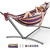 Everyfun Double Hammock with Stand for 2 Person, 600 lb Capacity, Rainbow | Free Standing Hammock with Steel Stand, Carrying