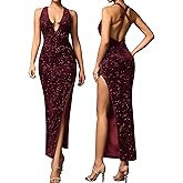 KUTUMAI Women Velvet Sequin Sparkly Maxi Dress Sexy V Neck Split Cocktail Formal Evening Dresses for 2024 Winter