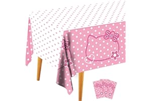 PEIKING 3CT Pink Bow Kittens Party Supplies Tablecover, Cute Kitten Dot Tablecloth, Rectangle Disposable 54×108in White Pink Stainproof Party Decor for Girls’Birthday, Baby Shower, Wedding, Bachelor