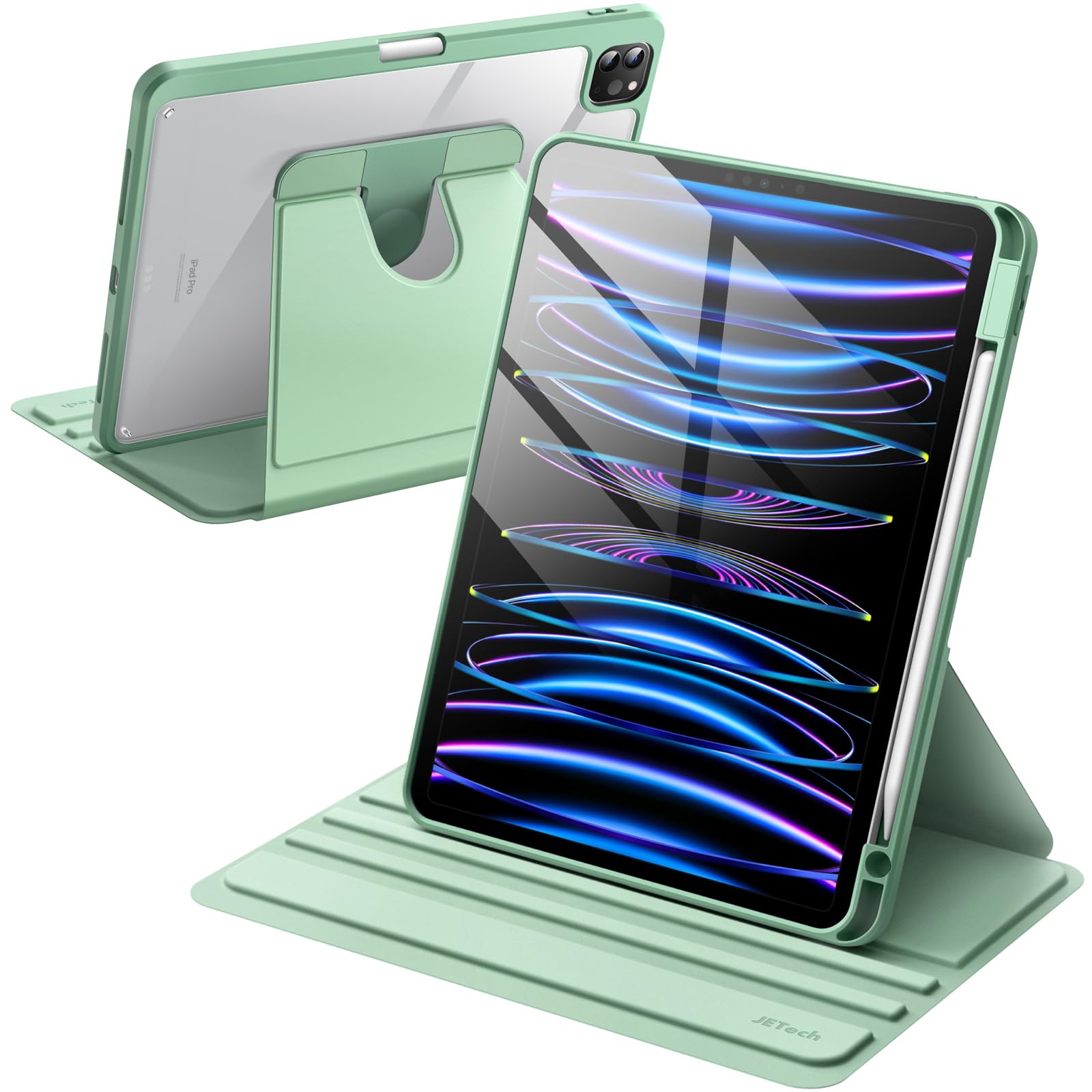 JETech Rotating Case for iPad Pro 11-Inch 2022/2021(4th/3rd gen) with Pencil Holder, 360 Degree Rotation Protective Stand Cover Clear Back, Auto Wake/Sleep (Matcha Green)