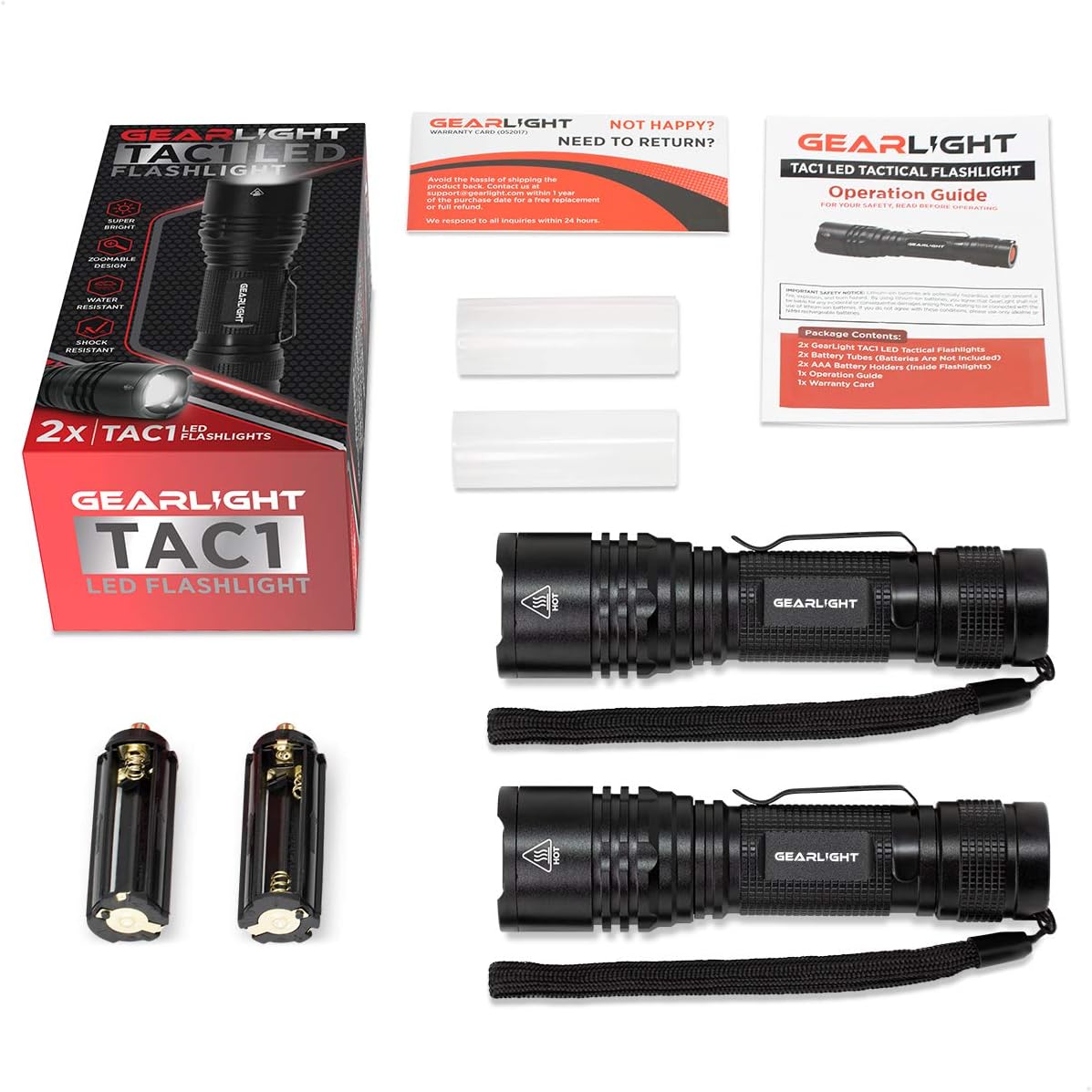 GearLight TAC LED Tactical Flashlight [2 PACK] - Single Mode, High Lumen, Zoomable, Water Resistant, Flash Light - Camping, Outdoor, Emergency, Everyday Flashlights with Clip - - 