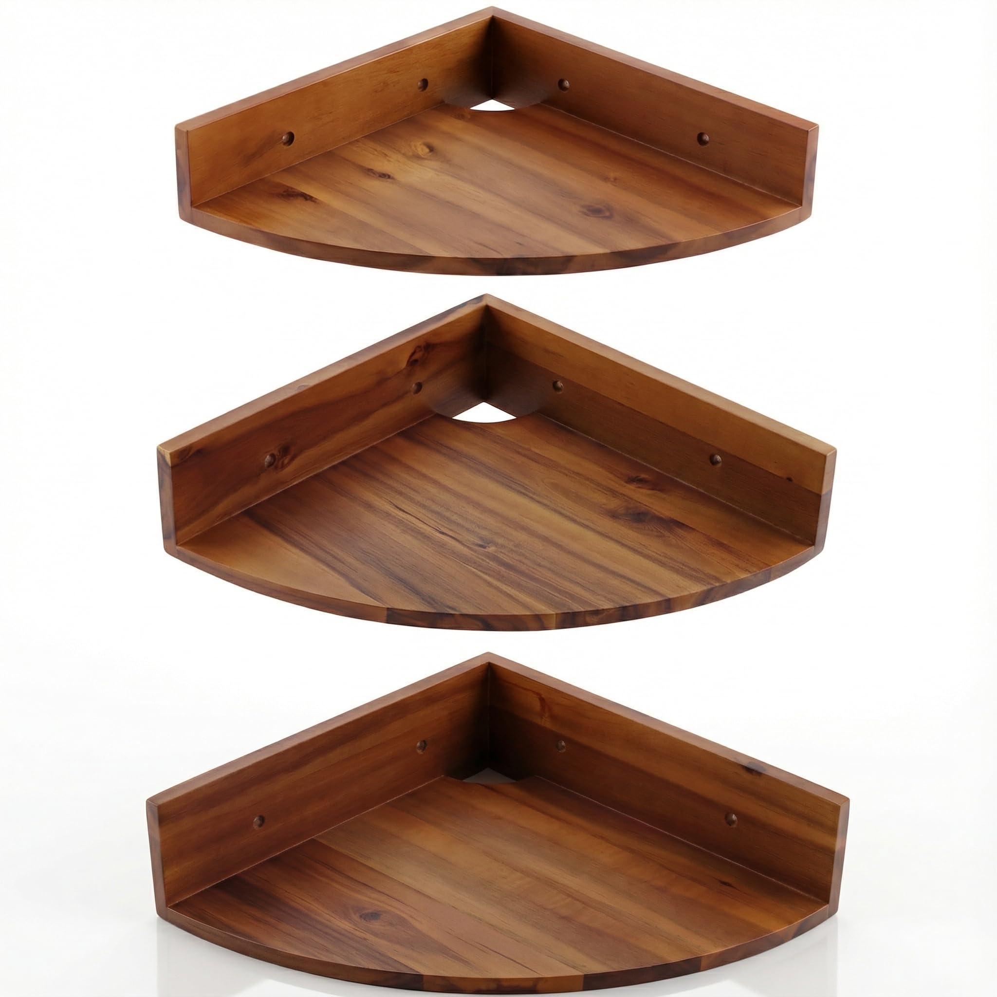Photo 1 of Demigo Corner Shelf Wall Mount Set of 3, Solid Acacia Wood Round Floating Corner Shelves for Storage and Display, Hanging Wood Shelves for Bedroom, Kitchen, Living Room, Bathroom (Brown)