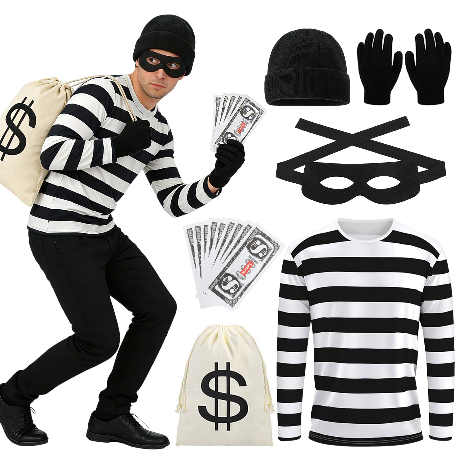 Dazzroi 6pcs Burglar Costume Set for Adults, Robber Fancy Dress with Black and White Striped T-Shirt Beanie Hat Eye Mask Gloves Money Bag Banknote for World Book Day Halloween Cosplay Theme Parties