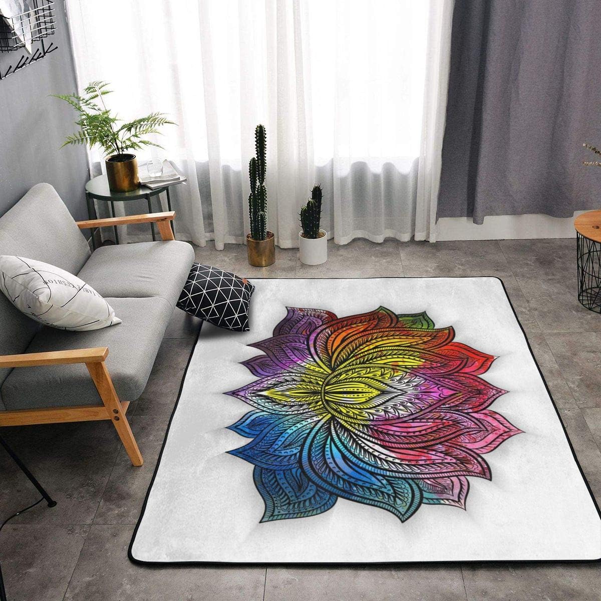Ethnic Lotus Flower Area Rug Modern Microfiber NonSlip