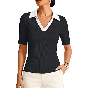 Prettywear Women's Half Sleeve Polo Shirts V Neck Business Casual Work Tops | Elegant Elbow Sleeves, Slim Fit, Ribbed Collare