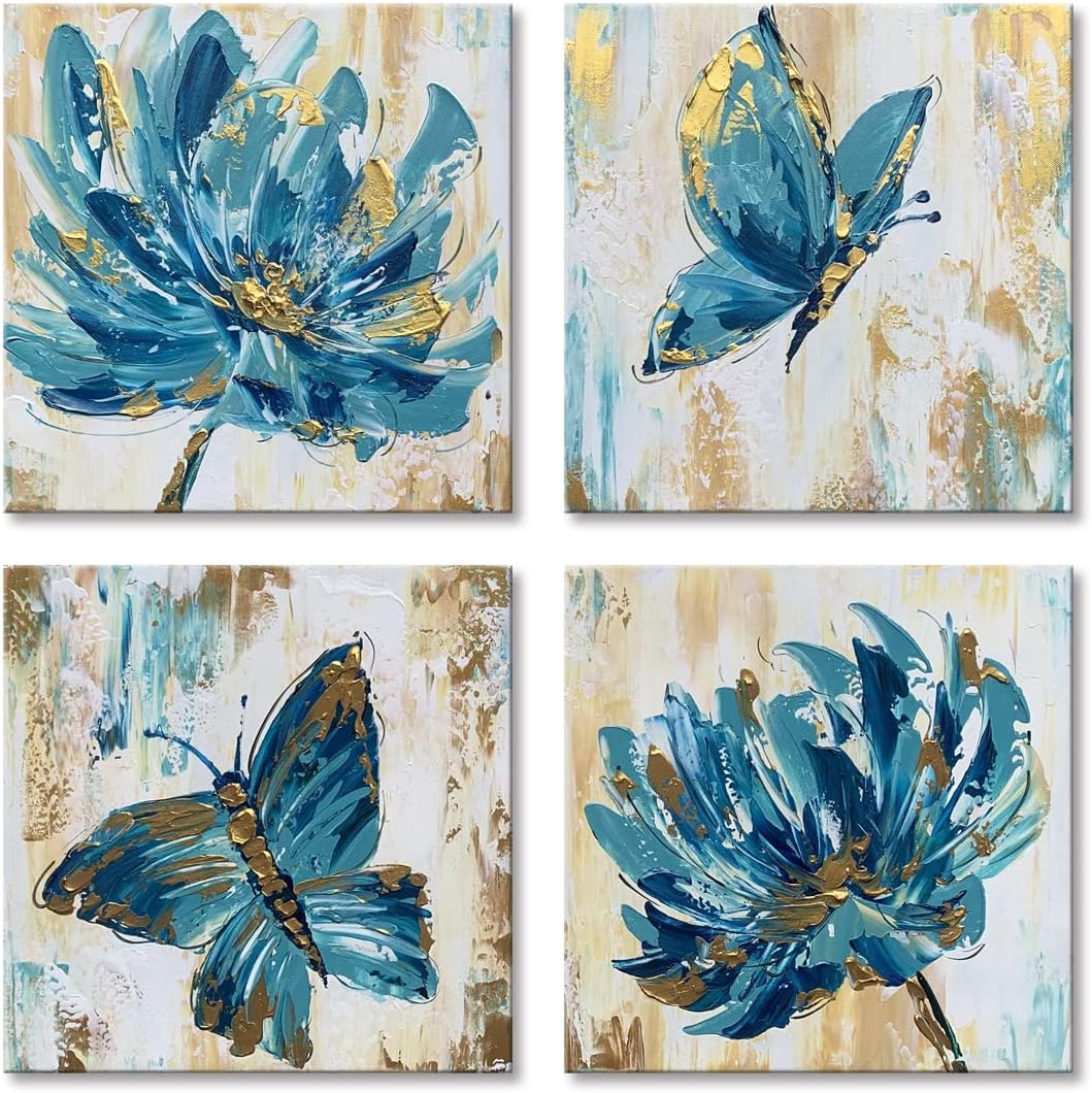 Paintings - Handmade Blue Butterfly and Flower Wall Art Hand Painted Oil Painting on Canvas Gold Texture Artwork