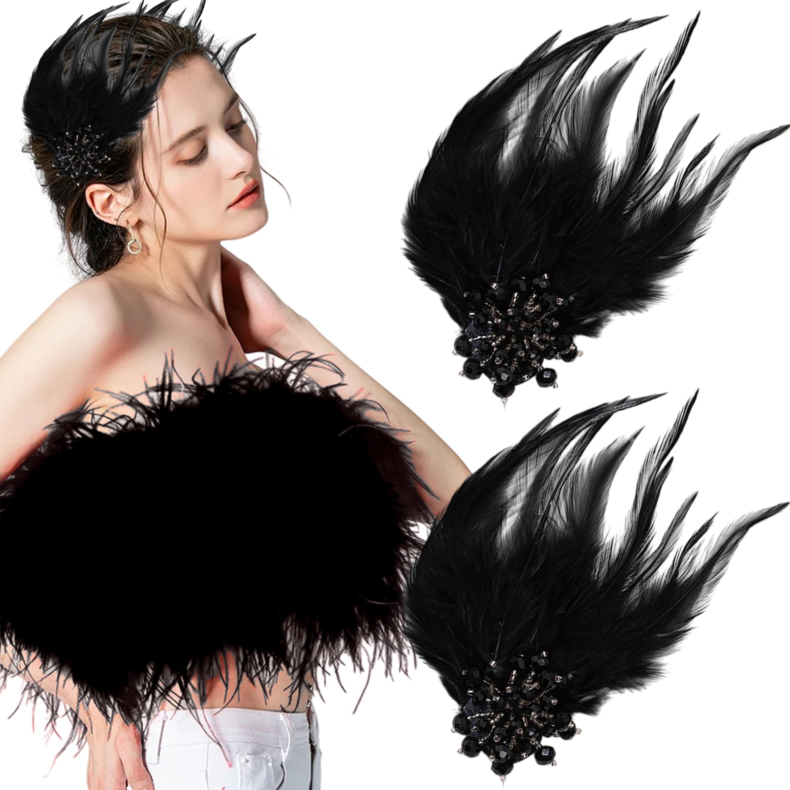 Photo 1 of 2 Pcs Feather Hair Clips Ballet Style Crystal Flower Ostrich Swan Feather Hair Barrettes Hair Accessories for Women Girls Bride Wedding Valentine Halloween Stage Performance Headpiece (Black)