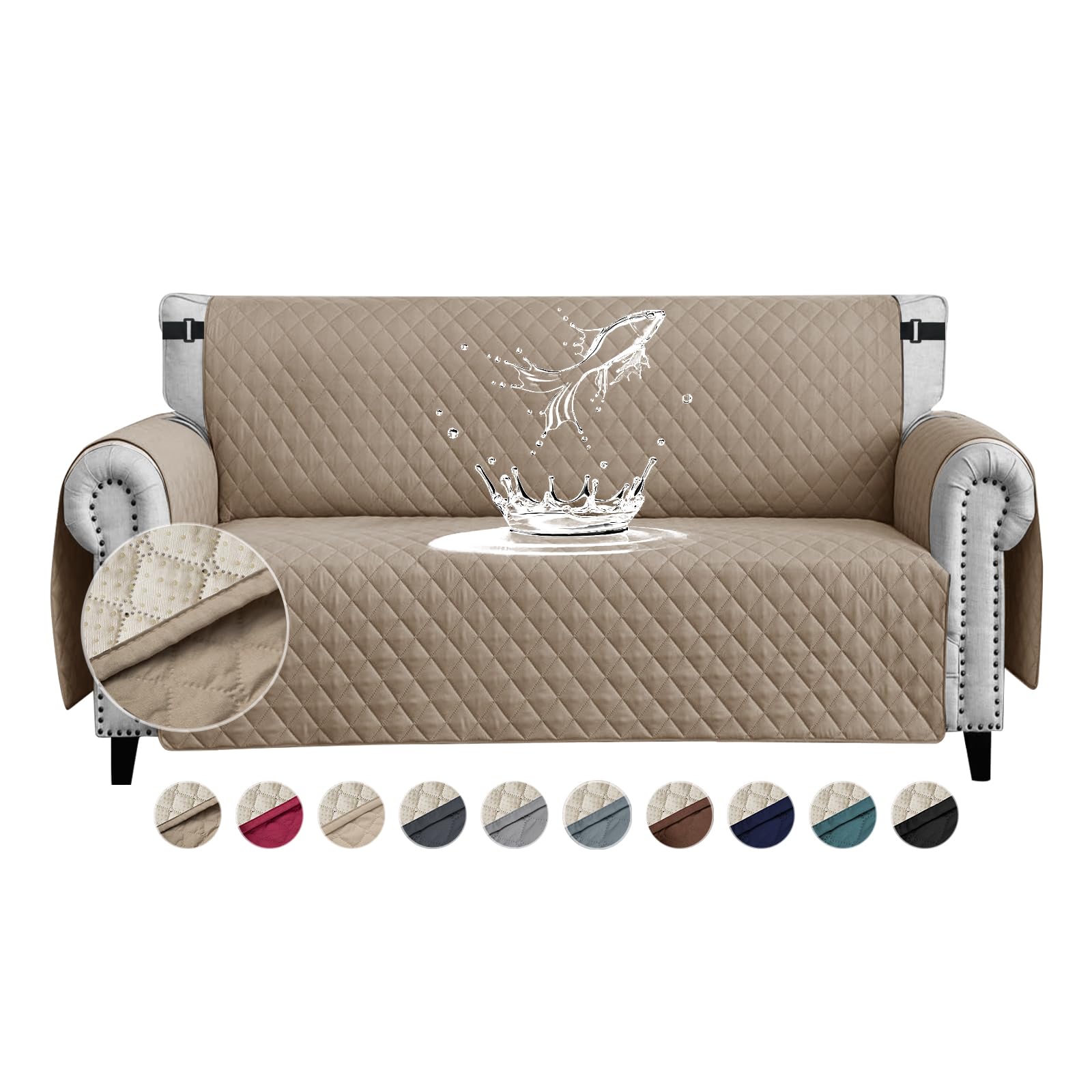 FIGOOO Sofa Covers Water Resistant Sofa Slipcovers 2 Seater Waterproof Anti-Slip Anti-Scratch Sofa Cover with Non Slip Elastic Straps for Dogs Cats Pets,khaki