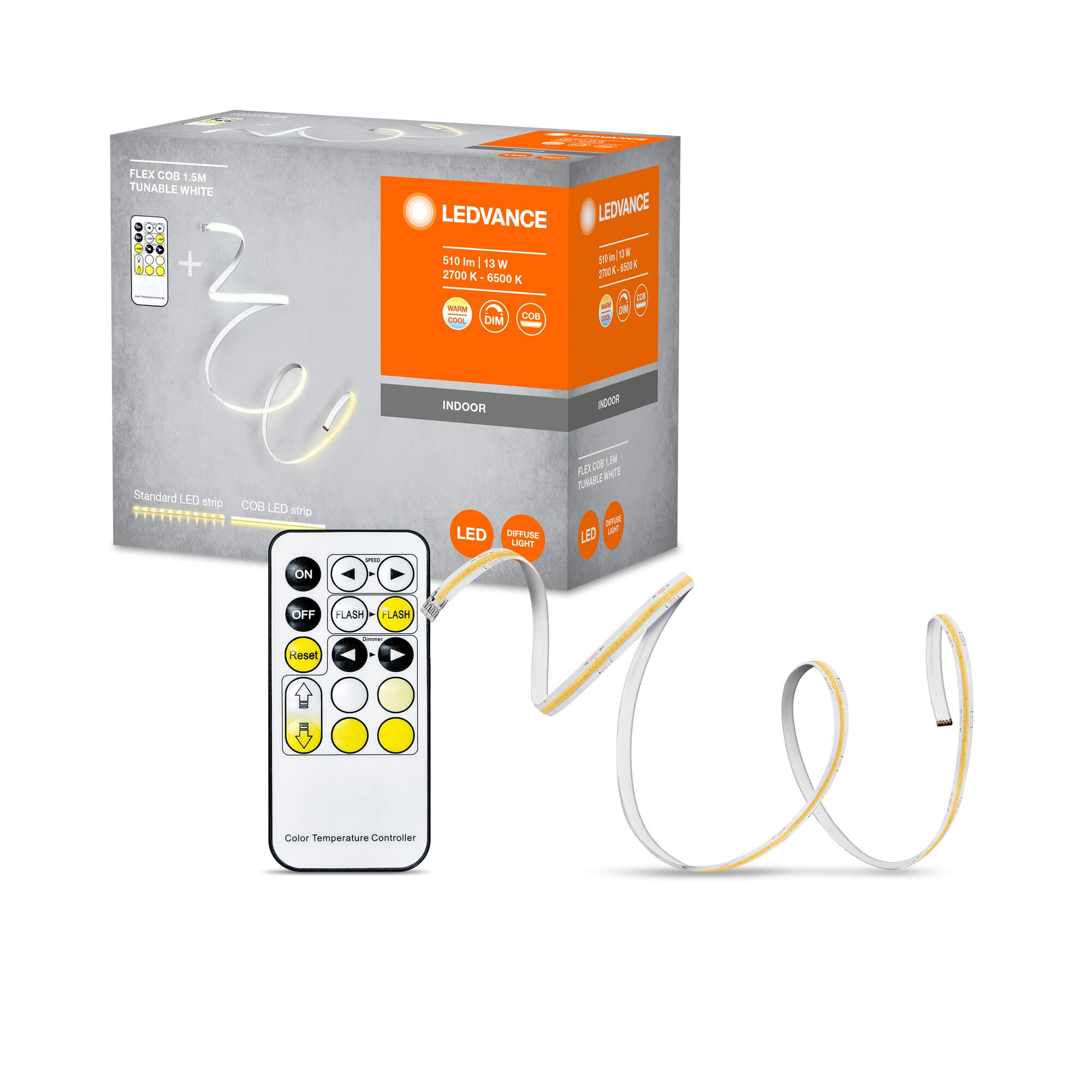 LEDVANCE Flex Cob 1.5M Led Strip Tw Rc, Yellow, 14W, 500Lm, Controllable from Warm to Cold White, Cob Technology, Homogeneous Light Distribution, with Remote Control, Long Life, Easy to Install, Ip20