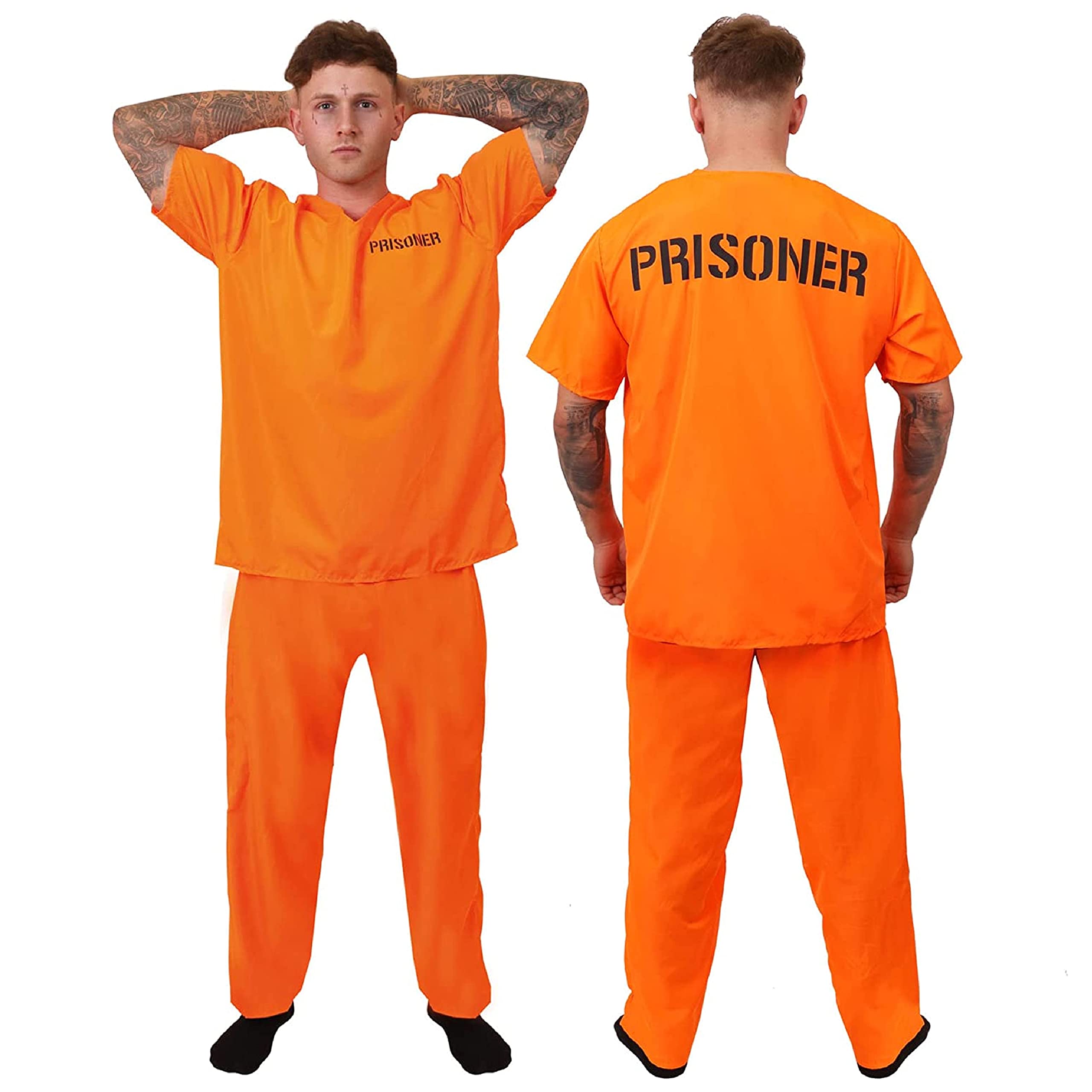 Mens Prisoners Convict Costume - Medium - Orange Prisoner Top, Matching Orange Trousers – Cops & Robbers Halloween Fancy Dress Costume