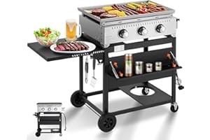MELLCOM 3 Burner 30000 BTU Outdoor Gas Griddle with Lid (Side Shelf), Portable Flat Top Griddle 28 Inch Heavy- Duty Cast lron Grill, Bottle Rack & Grease Pan for Camping, Picnic, Patio