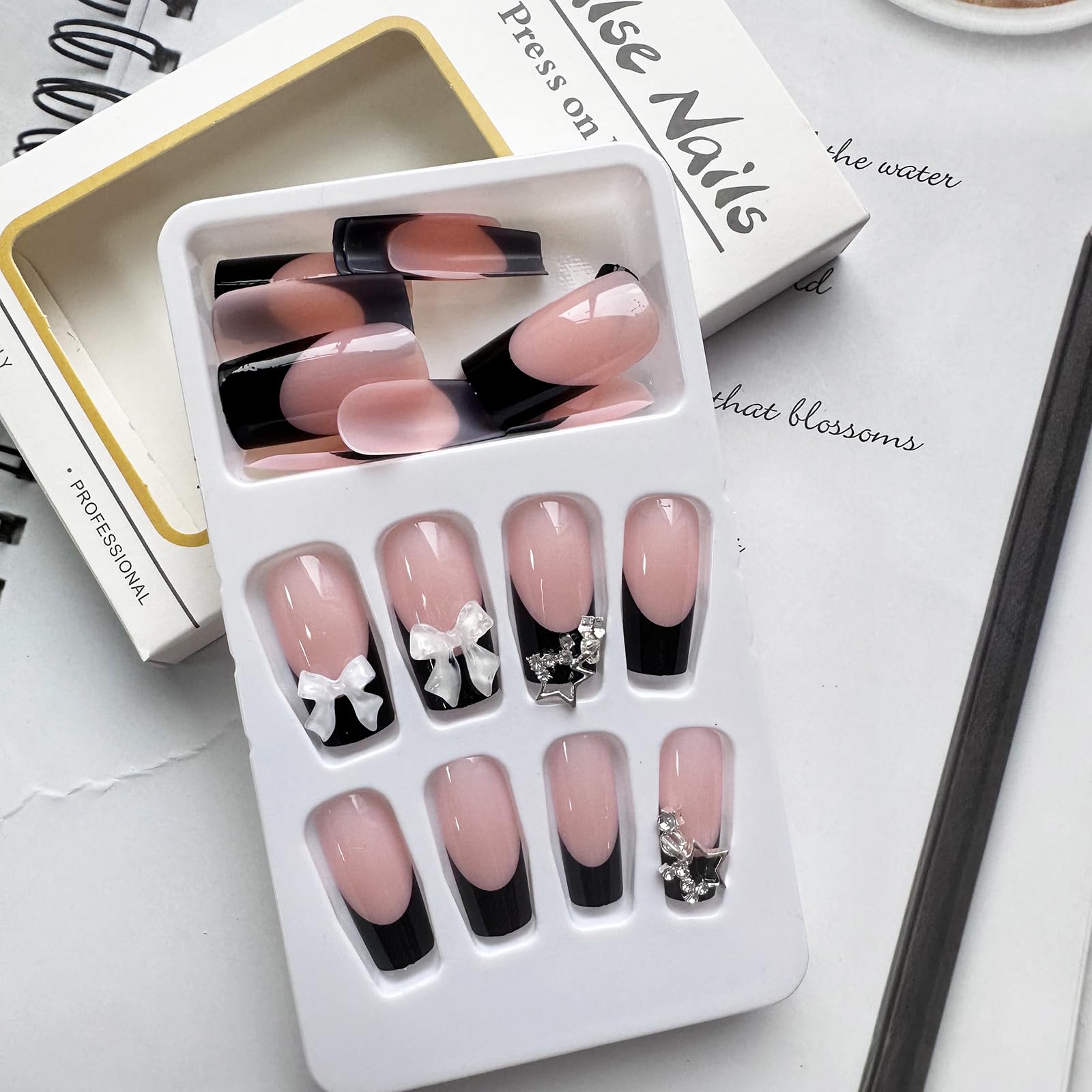 Black French Tip Press on Nails Medium Fake Nails Square Full Cover Glue on Nails Bow-Knot Star Designs Cute False Nails Glossy Stick on Nails for Women Acrylic Manicure Salon 24Pcs - Image 2