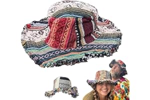 YTHGBVC Frayed Patchwork Bucket Hat – Shapeable Brim, One-of-a-Kind Boho Hemp Hat, Multicolored Bohemian Style