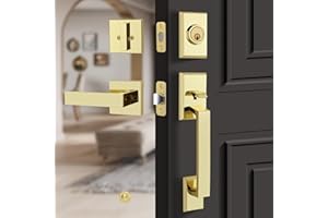 Gaurqiah Handle Set Heavy Duty Front Door Entry Handle and Deadbolt Lock Set Exterior Door Lock Set with Deadbolt Single Cylinder HandleSet Reversible for Right & Left Side, Polished Brass