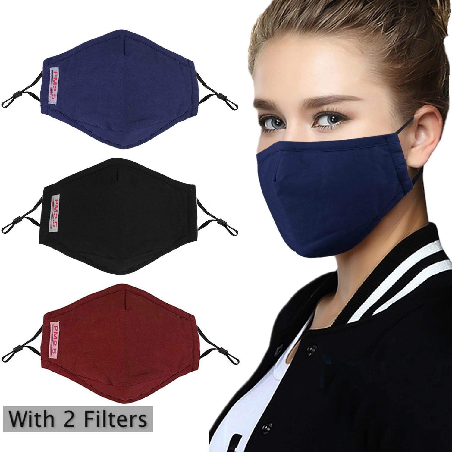 Reusable Face Mouth Mask with 2 Filters, Washable Face Mask,Anti Dust Anti-Haze Cotton Mask Breathable for Cycling Camping Running Travel Women Red