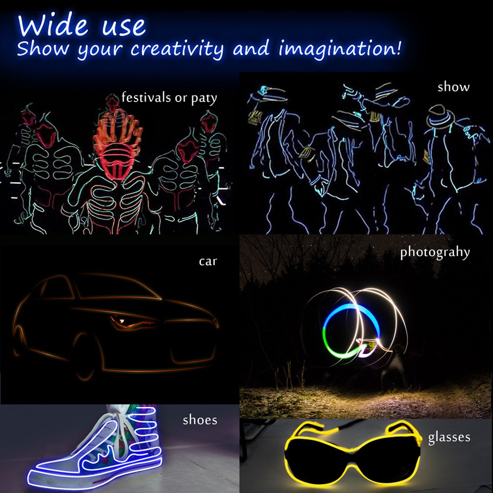 Ourbest El Wire Lights Neon Light Electroluminescent Wire Battery Operated 3ft for Halloween Christmas Party Decoration Blue White Red Green Pink(5 x 1M)