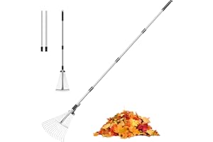 MEKEET Garden Rake for Leaves, Heavy Duty Metal Adjustable Leaf Rake for Lawns, Length 37"-68", Adjustable Expandable Head 8"-15", Garden Tools for Lawn Garden Yard Flowers Beds Bush