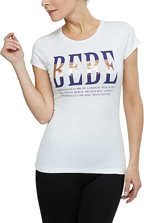 Amazon Com Bebe Women S Navy With Rose Gold International Logo Tee Short Sleeve Classic Top Crew Neck T Shirt Clothing