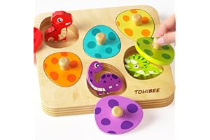 TOHIBEE Wooden Puzzles Montessori Toys for Toddlers 1-3, Dinosaur Eggs Peg Puzzles, Preschool Education Learning Toys for Boys and Girls, 6 Brightly Color Cute Dinosaur Shapes