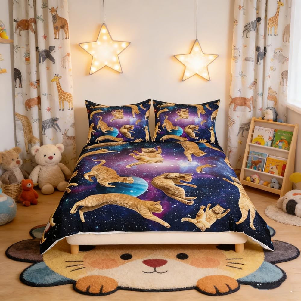 Loussiesd Cats Duvet Cover Set Galaxy Cute Cat Double Size Bedding Set for Kids Boys Girls University Planets Pet Cat Theme Bedding & Linen Fun Lovely Animals Quilt Cover 3Pcs — image 1
