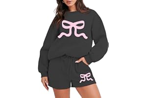 MAXIMGR Women 2 Piece Outfits Bow Graphic Sweat Shorts Sets Casual Lounge Matching Set Sweatsuit Tracksuit With Pockets